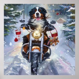 Poster Cachorro Montanhês Bernês Pilotando Moto Natal