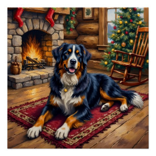 Póster Cachorro Montanhês Bernês Vintage Cabine de Natal 
