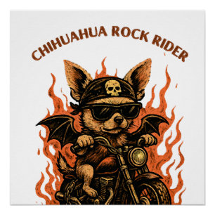 Póster Cachorro Motoqueiro Chihuahua em Moto com Chamas