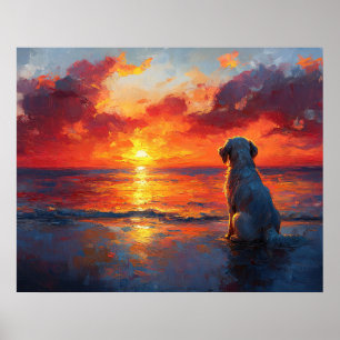 Poster Cachorro na Praia Observando o Pôr do Sol