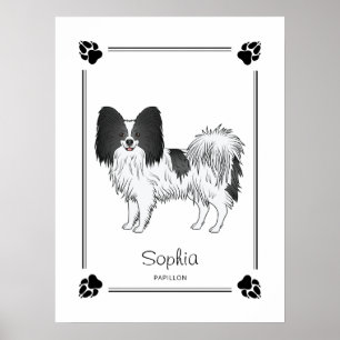 Poster Cachorro Papillon Preto E Branco Com Patas E Texto