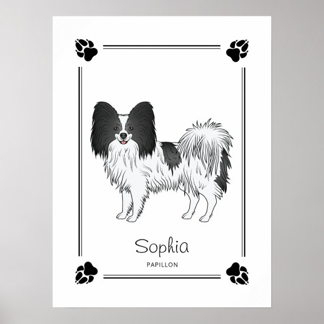 Poster Cachorro Papillon Preto E Branco Com Patas E Texto (Frente)