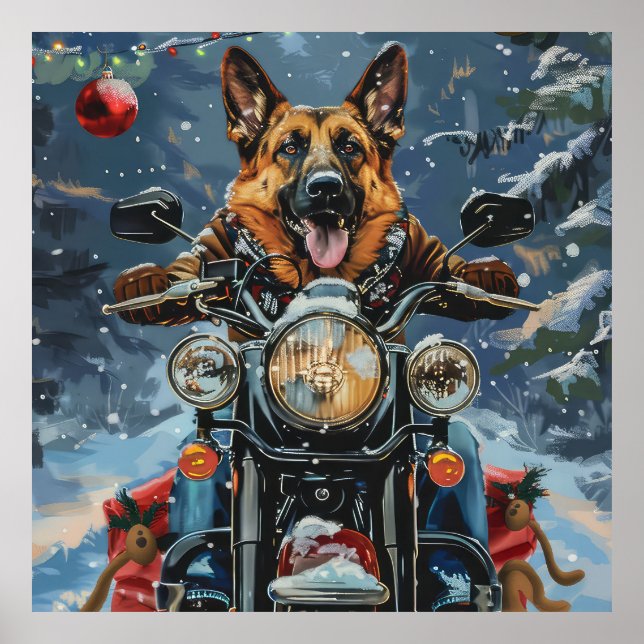 Poster Cachorro Pastor Alemão Pilotando Motocicleta Natal (Frente)