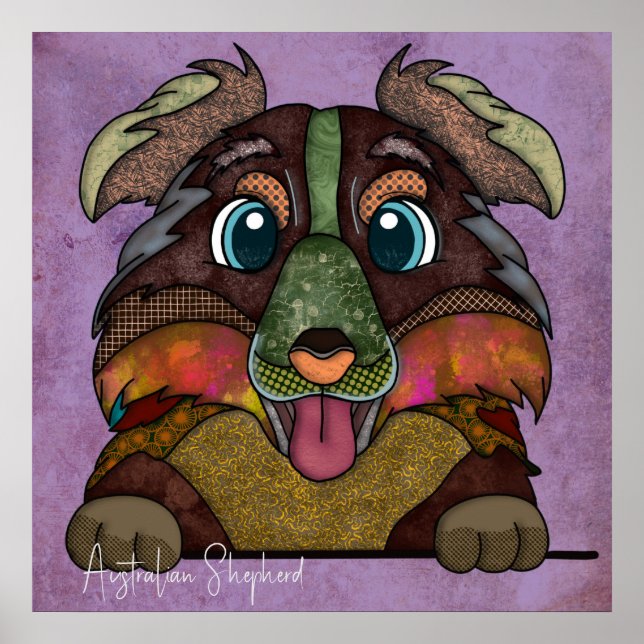 Poster Cachorro pastor australiano louco pintado à mão (Frente)