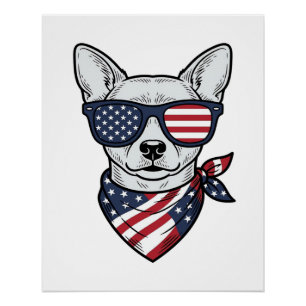 Póster Cachorro Patriótico com Óculos de Sol de Bandeira 