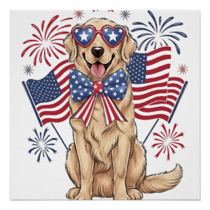 Póster Cachorro Patriótico de 4 de Julho Dourado