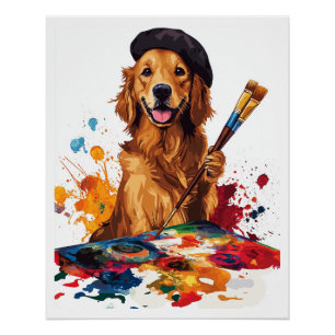 Póster Cachorro Pintor � Cão Artístico com Cavalete