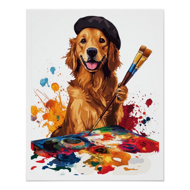 Póster Cachorro Pintor � Cão Artístico com Cavalete (Frente)
