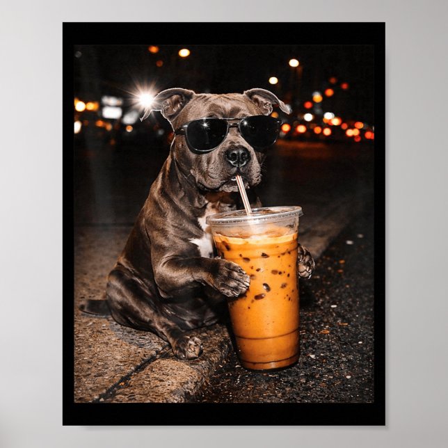 Poster Cachorro Pitbull Bebendo Café Gelado com Óculos de (Frente)