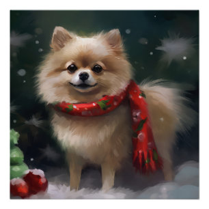 Póster Cachorro Pomerânia na Neve Natal