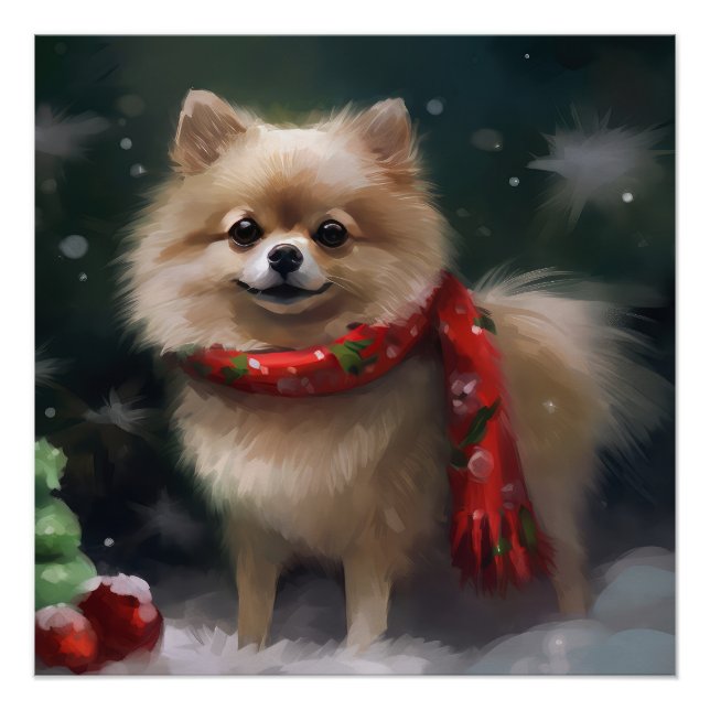 Póster Cachorro Pomerânia na Neve Natal (Frente)