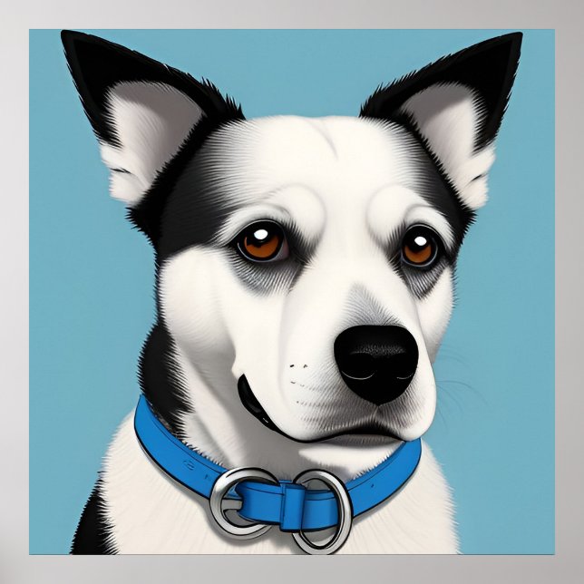 Poster Cachorro Preto e Branco com Coleira Azul (Frente)