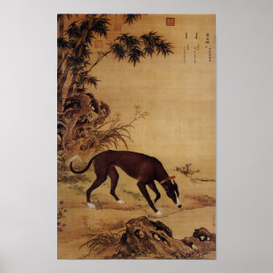 Poster Cachorro Preto Vintage Greyhound & Flores Cor-de-R
