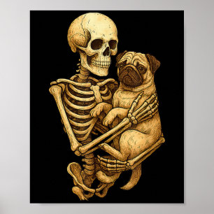 Poster Cachorro Pug Abraçando Esqueleto Dia das Bruxas Am