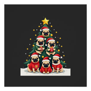 Póster Cachorro Pug Árvore de Natal Natal Fofo (4)
