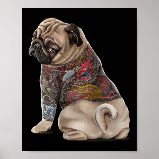 Poster Cachorro Pug com Tatuagem Tradicional de Dragão Ja (Frente)