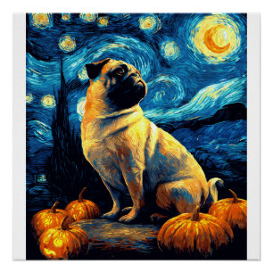 Póster Cachorro Pug da noite estrelada de van gogh hallow