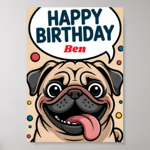 Poster Cachorro Pug Engraçado Feliz Aniversário
