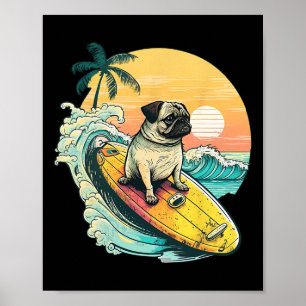 Poster Cachorro Pug Engraçado Surfando na Praia Férias de