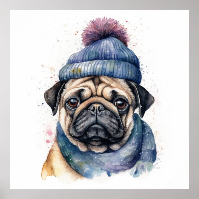 Poster Cachorro pug fofo vestindo gorro e cachecol (Frente)