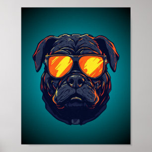 Poster Cachorro Pug Mecha Cyberpunk Óculos de Sol Neon Po
