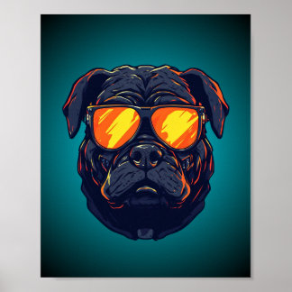 Poster Cachorro Pug Mecha Cyberpunk Óculos de Sol Neon Po