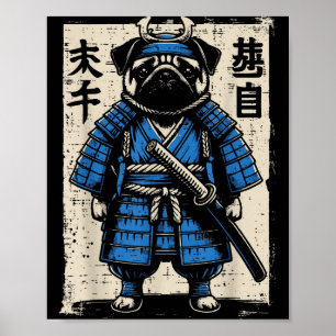 Poster Cachorro Pug Samurai Guerreiro Japonês Engraçado A