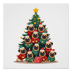 Póster Cachorro Pugs Árvore de Natal Fofo Natal (2)