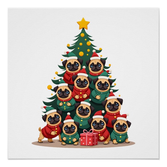 Póster Cachorro Pugs Árvore de Natal Fofo Natal (2) (Frente)