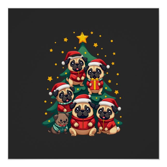 Póster Cachorro Pugs Árvore de Natal Xmas Fofo (3) (Frente)
