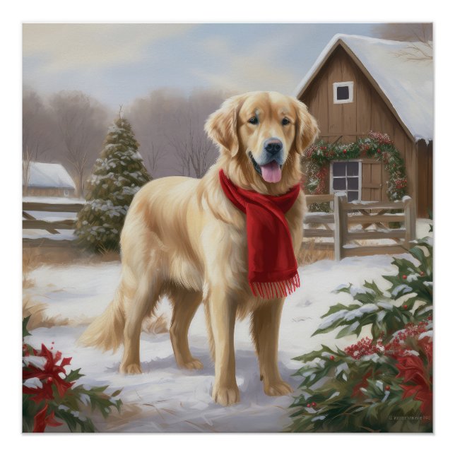Póster Cachorro Retriever Dourado na Neve Natal  (Frente)