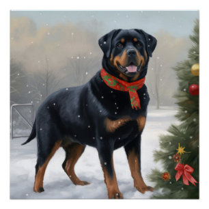 Póster Cachorro Rottweiler na Neve Natal