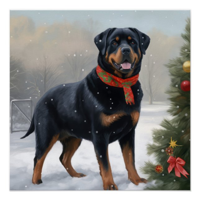 Póster Cachorro Rottweiler na Neve Natal (Frente)