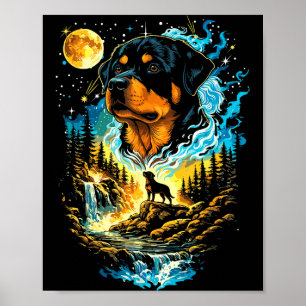 Poster Cachorro Rottweiler uivando para a lua engraçado v