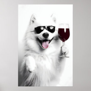 Poster Cachorro Samoyed Engraçado Bebendo Vinho Arte Impr