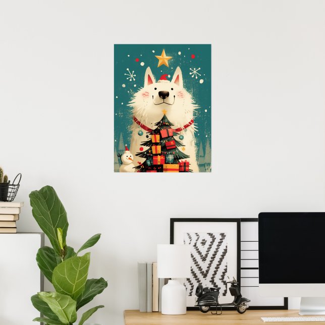 Poster Cachorro Samoyed fofo com Natal (Escritório em casa)
