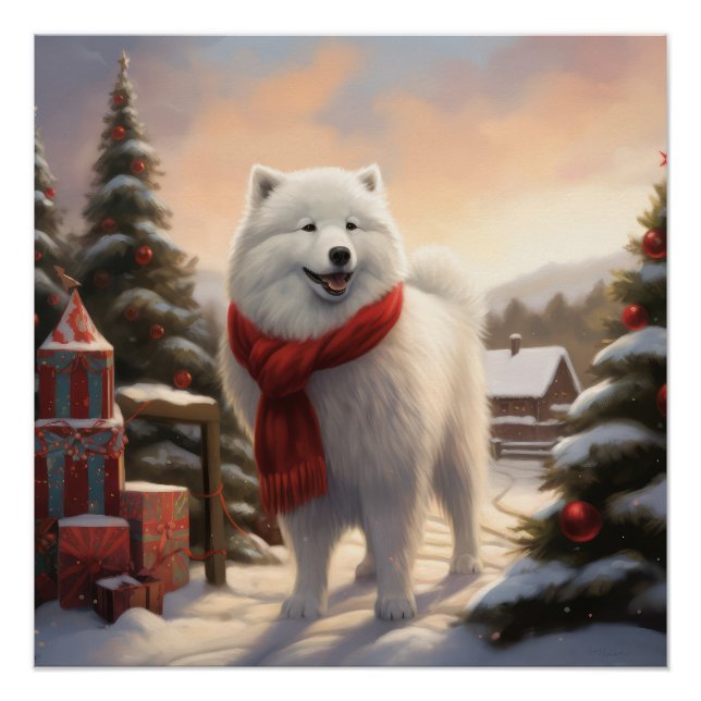 Póster Cachorro Samoyed na Neve Natal  (Frente)