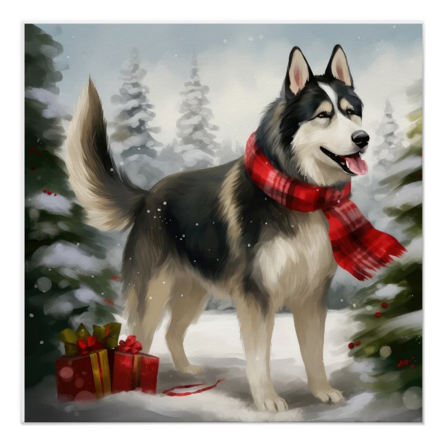 Póster Cachorro Siberiano Husky no Natal da Neve (Frente)