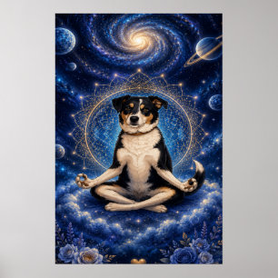 Poster Cachorro Tricolor Meditando Mandala Cósmica Zen Yo