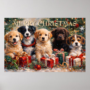 Poster Cachorros de Natal com Presentes sob a Árvore Deco