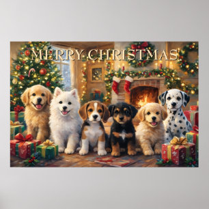 Poster Cachorros de Natal junto à Lareira e Árvore Decora