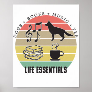 Poster Cachorros Essenciais, Chá, Livros, Música Vintage