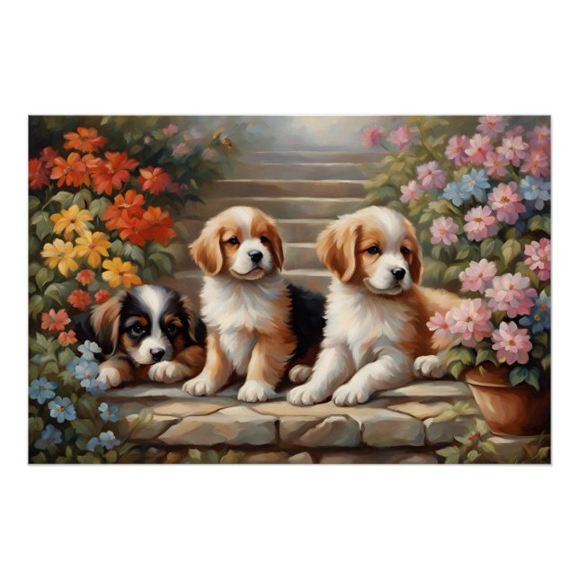 Póster Cachorros Fofos no Jardim de Flores  (Frente)