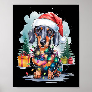 Poster Cachshund Cachorro Papai Noel Noel Luzes de Natal 
