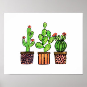 Póster Cacto bonito da aguarela em uns potes