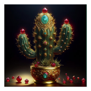 Póster Cacto Saguaro Dourado Com Rubis Embutidos