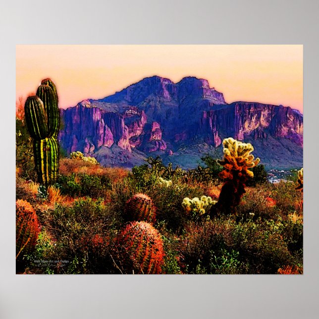 Poster Cactos E Montanha Roxa No Deserto De Sonoran Dusk (Frente)