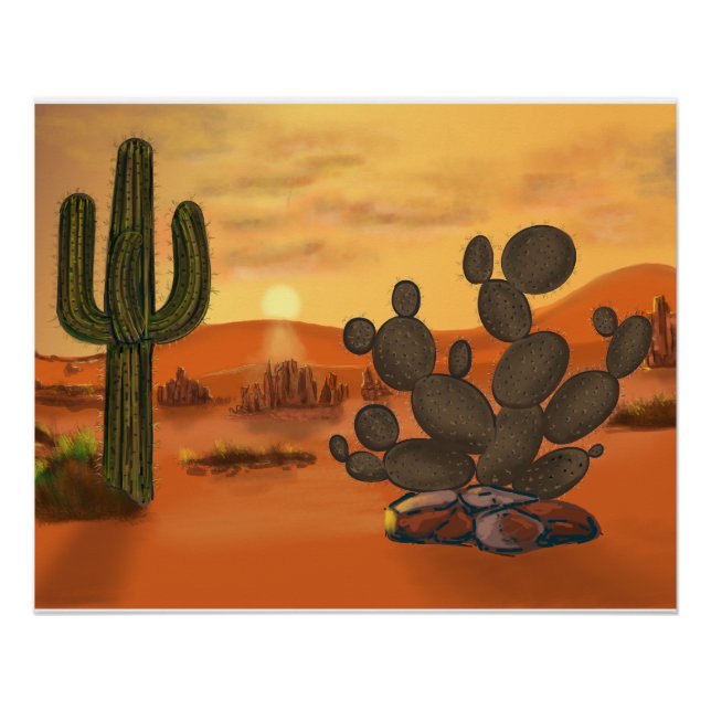 Póster Cactus dans le desert, couleurs automne chaudes. (Frente)
