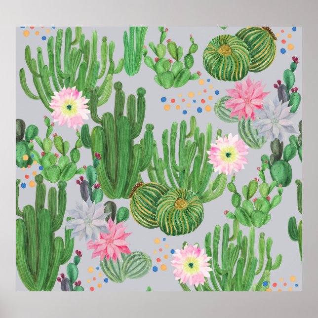 Poster Cactus e flores, pintura sem costura com aquarela. (Frente)