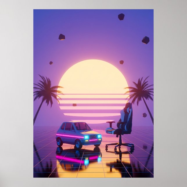 Poster Cadeira de Jogo e Carro Retro Vaporwave (Frente)